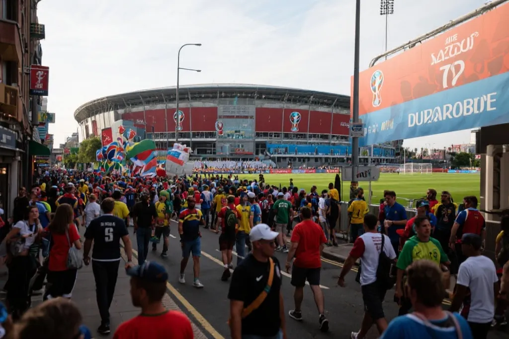 球迷在城市街道与场馆之间步行