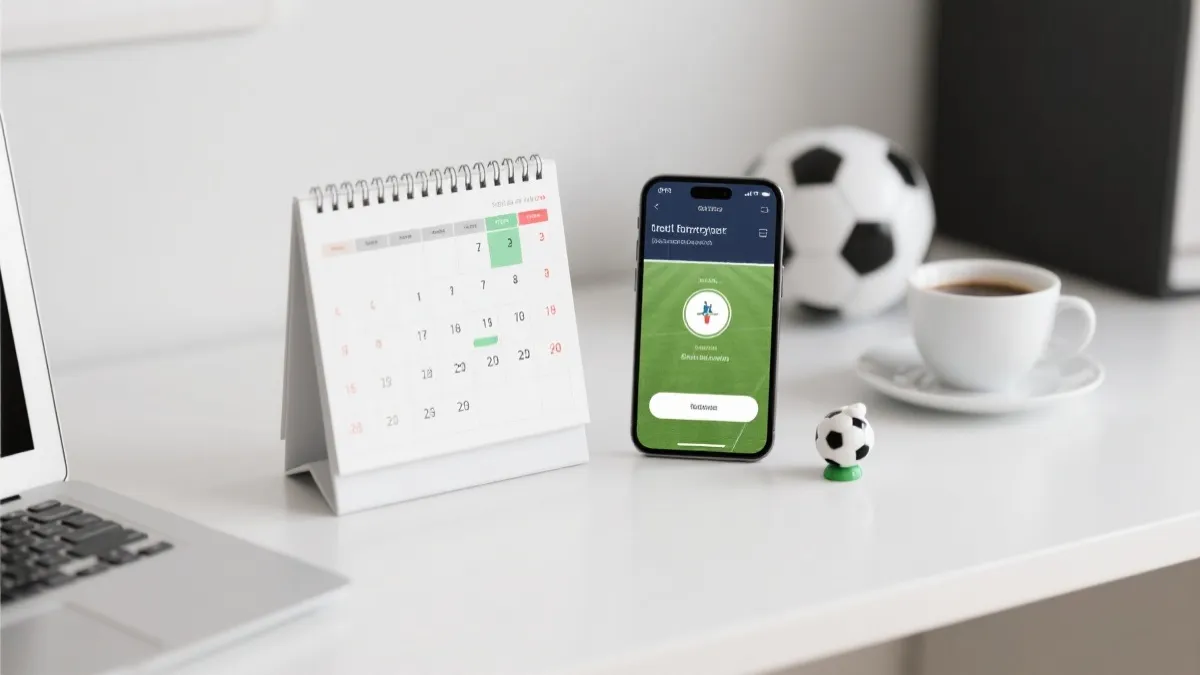 桌面日历与手机提醒界面，旁边放着足球主题小物，象征规划观赛时间